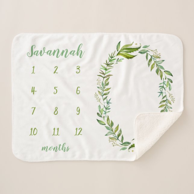 Boho Leaves Personalized Baby Milestone Photo Sherpa Blanket (Front (Horizontal))