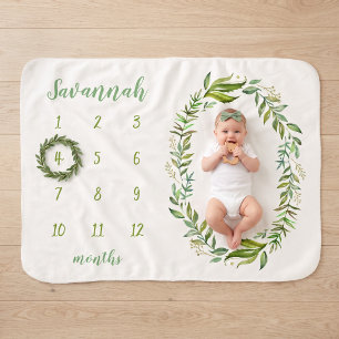 Boho Leaves Personalized Baby Milestone Photo Sherpa Blanket