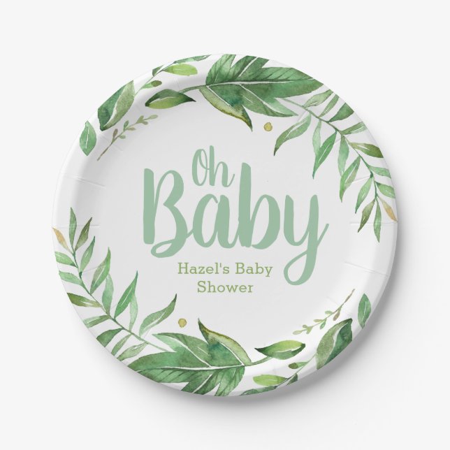 Boho Leaves Personalized Baby Shower Paper Plates (Front)