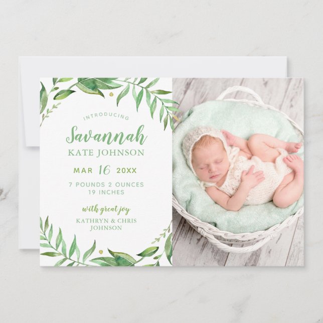 Boho Leaves Photo Birth Announcement (Front)