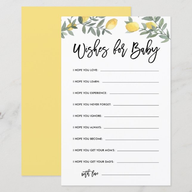 Boho Lemon Baby Shower Well Wishes for Baby Card (Front/Back)