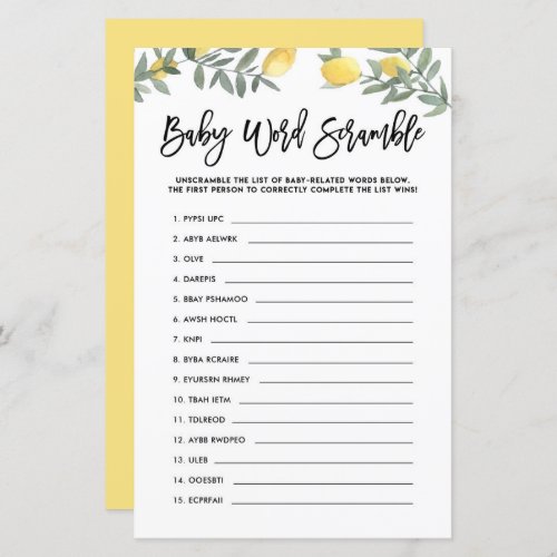 Boho Lemon Baby Word Scramble Baby Shower Game