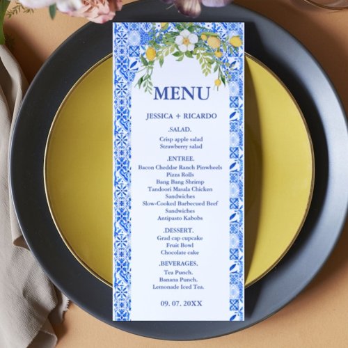 Boho Lemon Blue Mediterranean tile Italian Wedding Menu