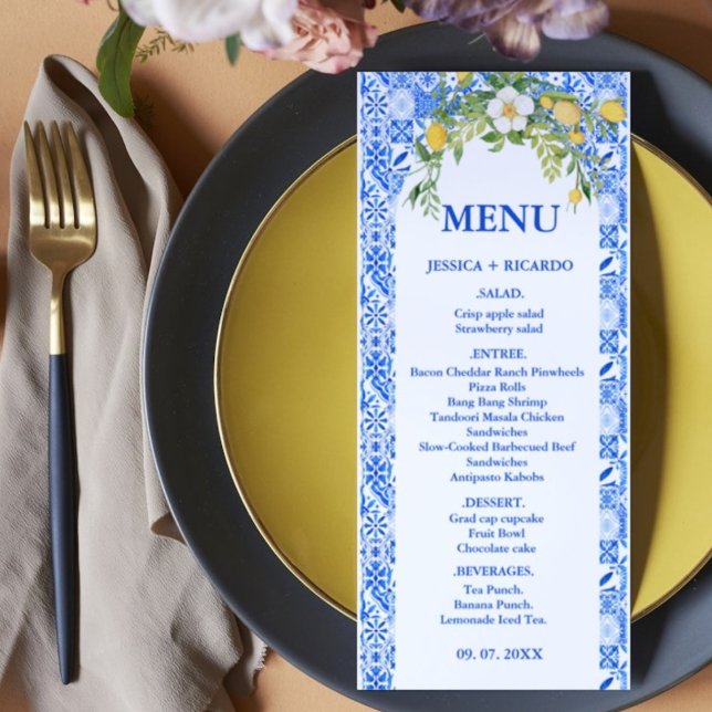 Boho Lemon Blue Mediterranean tile Italian Wedding Menu (Creator Uploaded)