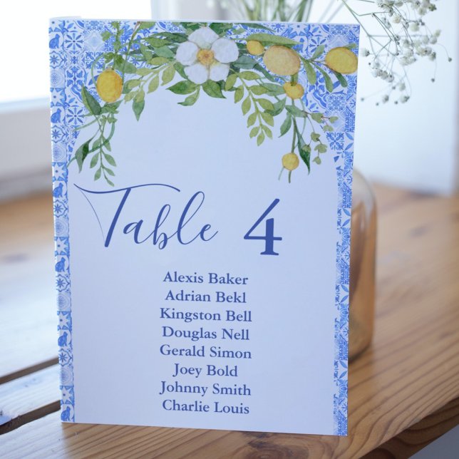 Boho Lemon Blue Mediterranean tile Italian Wedding Table Number (Creator Uploaded)