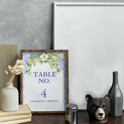 Boho Lemon Blue Mediterranean tile Italian Wedding Table Number