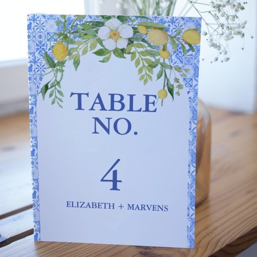 Boho Lemon Blue Mediterranean tile Italian Wedding Table Number