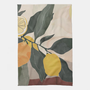 Boho Lemon Branch with Sun Abstract Fruit Artwork Kitchen Towel