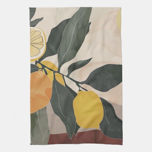 Boho Lemon Branch with Sun Abstract Fruit Artwork Kitchen Towel (Vertical)