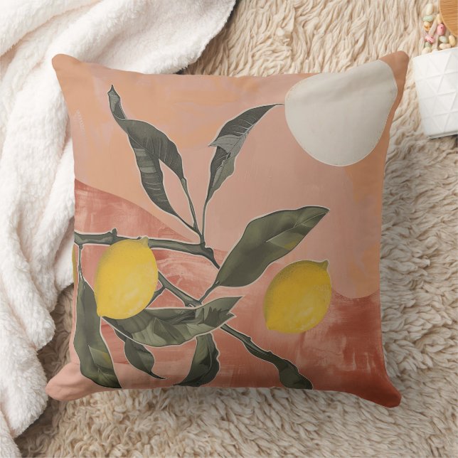 Boho Lemon Branch with Sun Minimalist Abstract (2) Throw Pillow (Blanket)