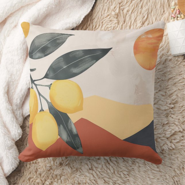 Boho Lemon Branch with Sun Minimalist Abstract Throw Pillow (Blanket)