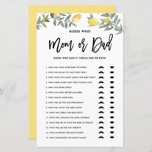 Boho Lemon Guess Who Mom or Dad Baby Shower Game