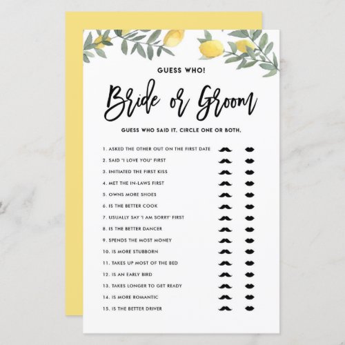 Boho Lemon He Said She Said Bridal Shower Game