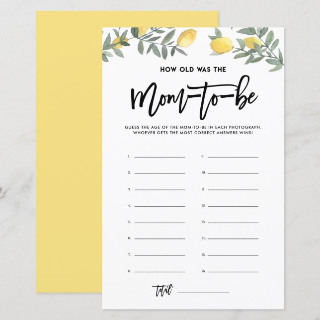 Boho Lemon How Old Was Mom Photos Baby Shower Game (Front/Back)