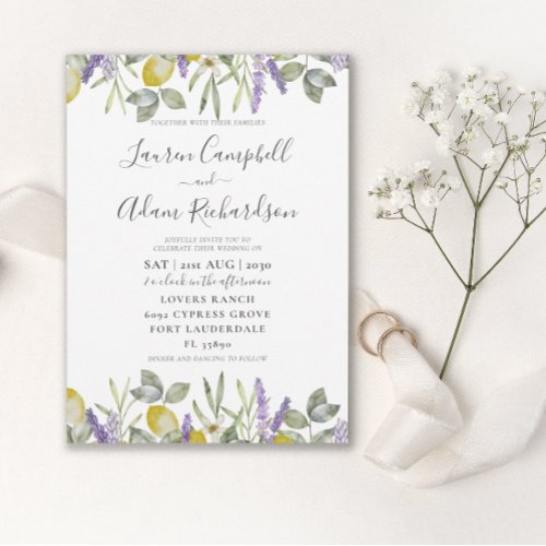 Boho Lemon  Lavender Foliage Wedding Invitation