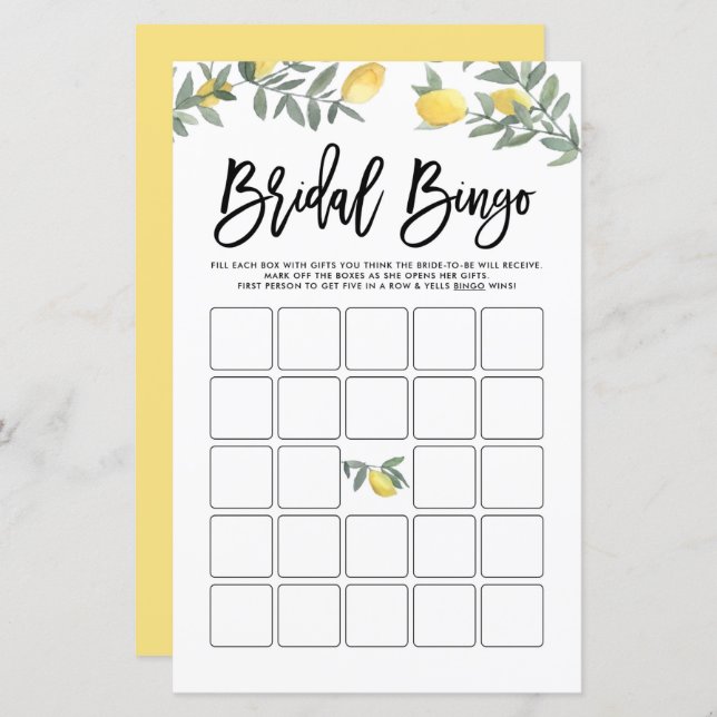 Boho Lemon Summer Bridal Shower Bingo Game Card (Front/Back)