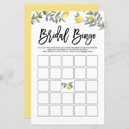 Boho Lemon Summer Bridal Shower Bingo Game Card