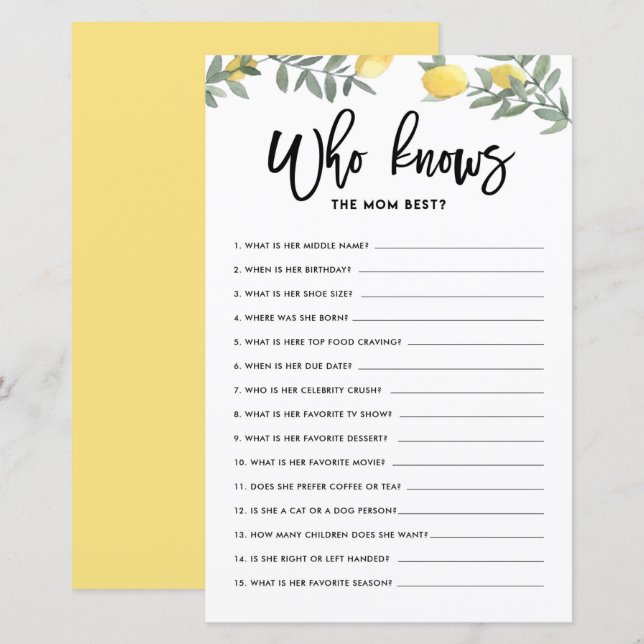 Boho Lemon Who Knows Mom The Best Baby Shower Game (Front/Back)