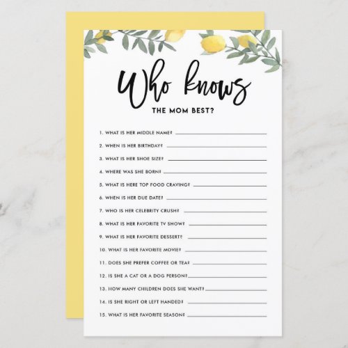 Boho Lemon Who Knows Mom The Best Baby Shower Game