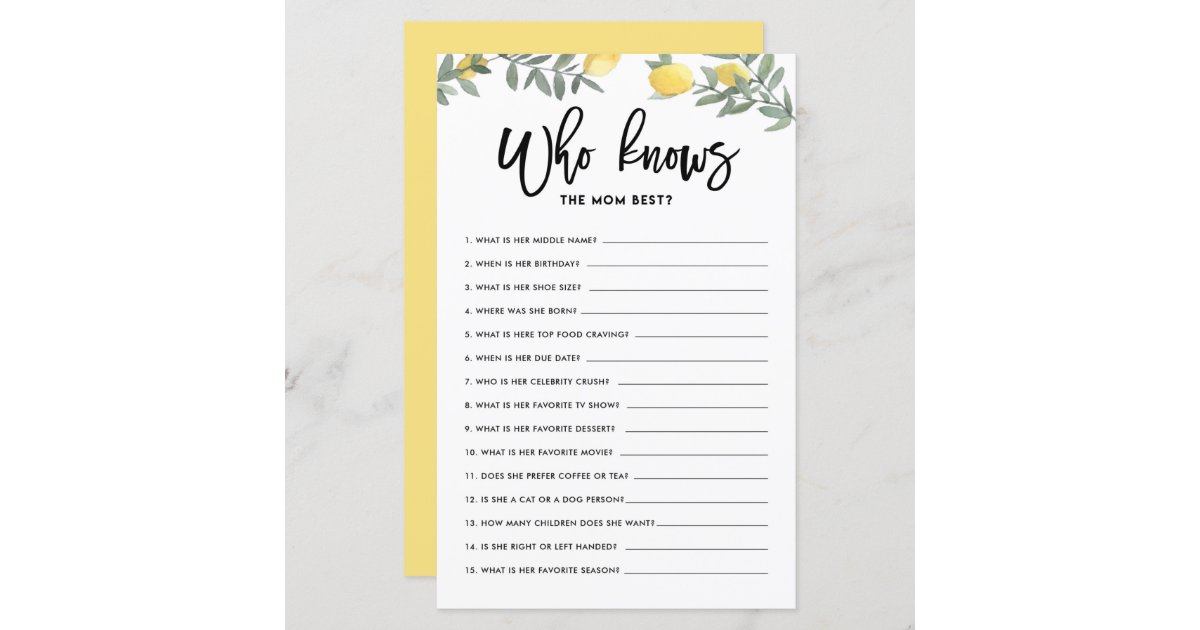 Boho Lemon Who Knows Mom The Best Baby Shower Game | Zazzle