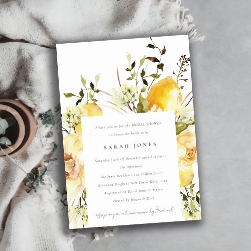 Boho Lemon Yellow Watercolor Floral Bridal Shower Invitation