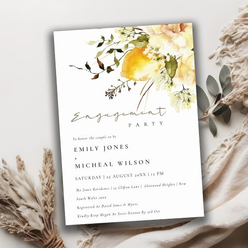 Boho Lemon Yellow Watercolor Floral Engagement  Invitation