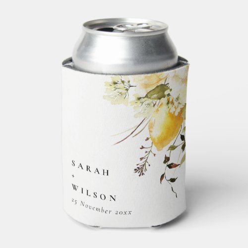 Boho Lemon Yellow Watercolor Floral Wedding Can Cooler