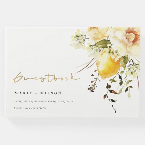 Boho Lemon Yellow Watercolor Floral Wedding Guest Book