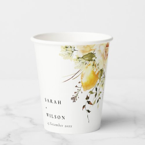 Boho Lemon Yellow Watercolor Floral Wedding Paper Cups