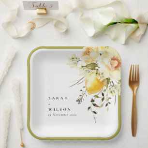 Boho Lemon Yellow Watercolor Floral Wedding Paper Plates
