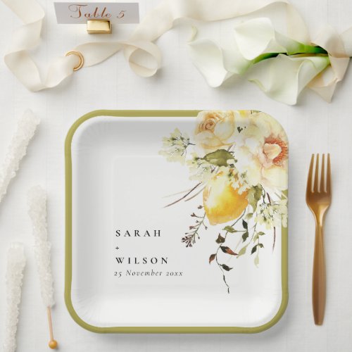 Boho Lemon Yellow Watercolor Floral Wedding Paper Plates