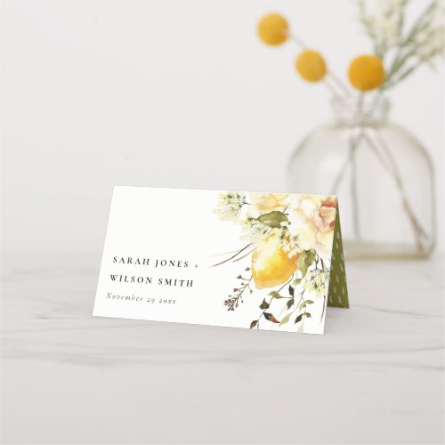 Boho Lemon Yellow Watercolor Floral Wedding Place Card