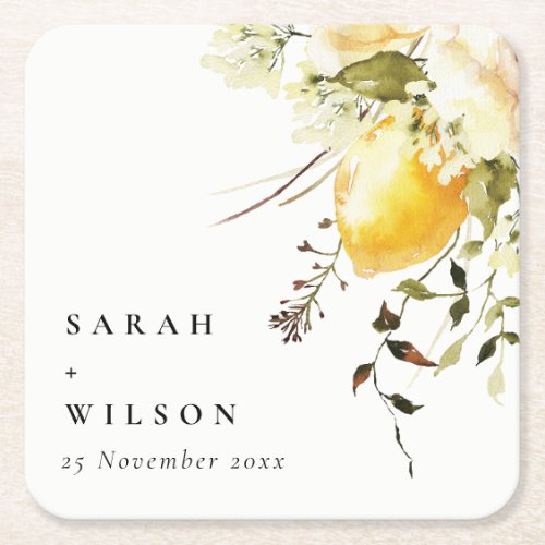 Boho Lemon Yellow Watercolor Floral Wedding Square Paper Coaster
