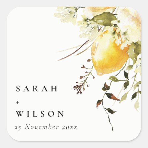 Boho Lemon Yellow Watercolor Floral Wedding Square Sticker