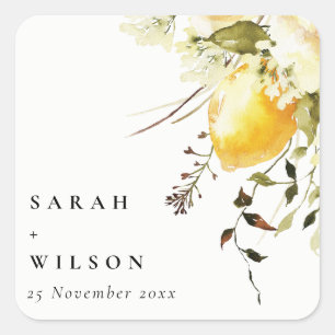 Boho Lemon Yellow Watercolor Floral Wedding Square Sticker