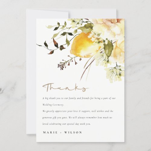 Boho Lemon Yellow Watercolor Floral Wedding Thank You Card