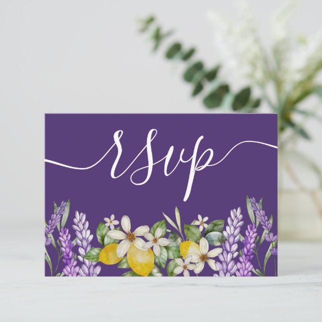 Boho Lemons & Lavender Wedding RSVP Card (Standing Front)