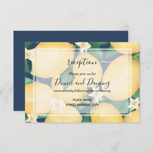 Boho Lemons on Navy Blue Leaves Wedding Reception Enclosure Card