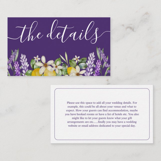 Boho Lemons & Purple Lavender Wedding Details  Enc Enclosure Card (Front/Back)