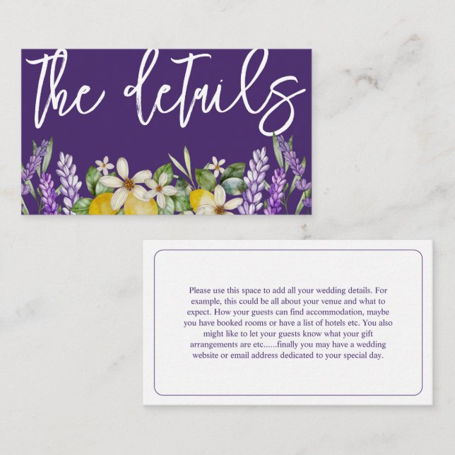 Boho Lemons & Purple Lavender Wedding Details  Enclosure Card (Front/Back)