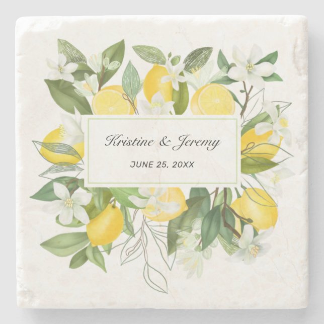 Boho Lemons Watercolor Botanical Greenery Wedding Stone Coaster (Front)