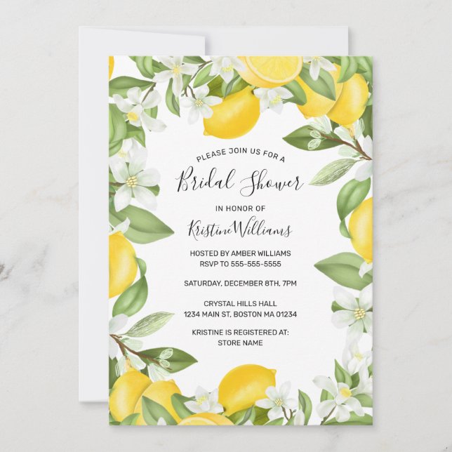 Boho Lemons Watercolor Floral Bridal Shower Invita Invitation (Front)