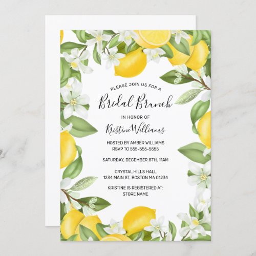 Boho Lemons Watercolor White Floral Bridal Brunch Invitation
