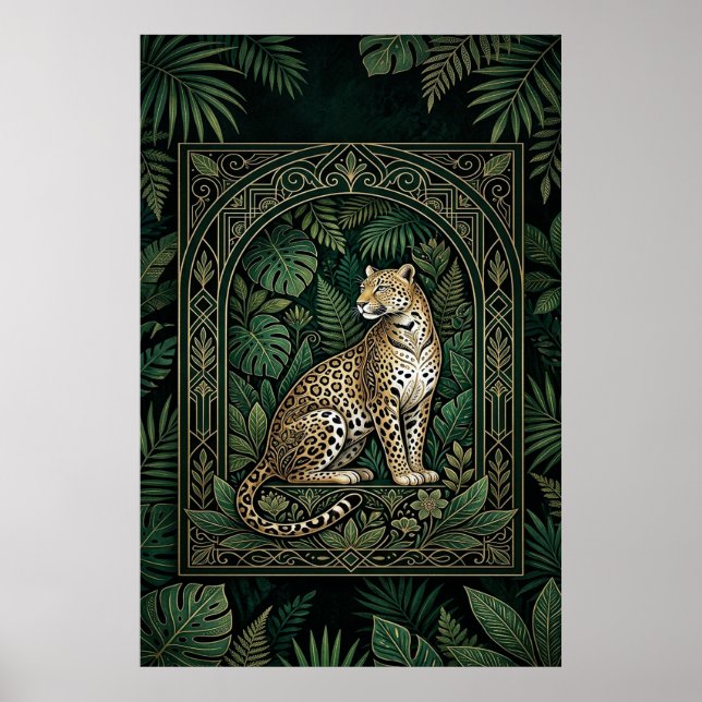 Boho Leopard Botanical Poster | Gold Line Art  (Front)