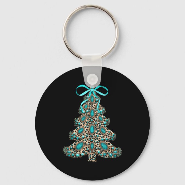 Boho Leopard Christmas Tree Cheetah Print Coquette Keychain (Front)
