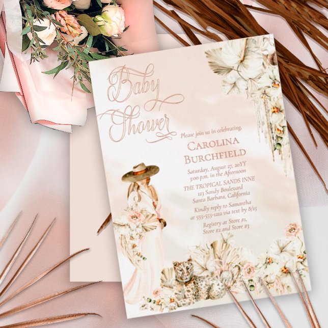 Boho Leopard Lady Tropical Floral Girl Baby Shower Foil Invitation (Creator Uploaded)