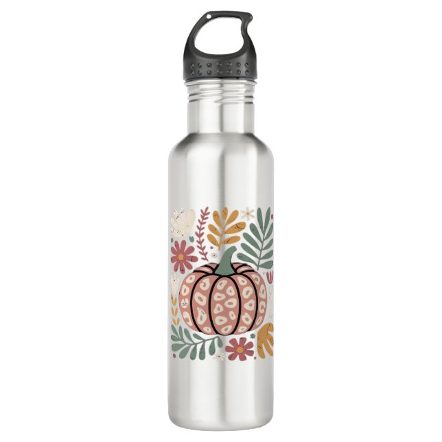 Boho Leopard Pumpkin Fall � Retro Autumn Floral Ha Stainless Steel Water Bottle (Front)