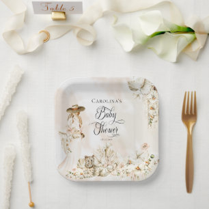 Boho Leopard Woman Tropical Floral Baby Shower Paper Plates