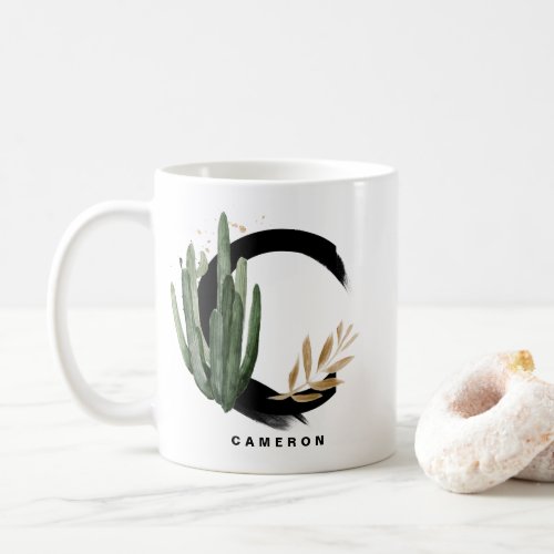 Boho Letter C Monogram Watercolor Tropical Cactus Coffee Mug