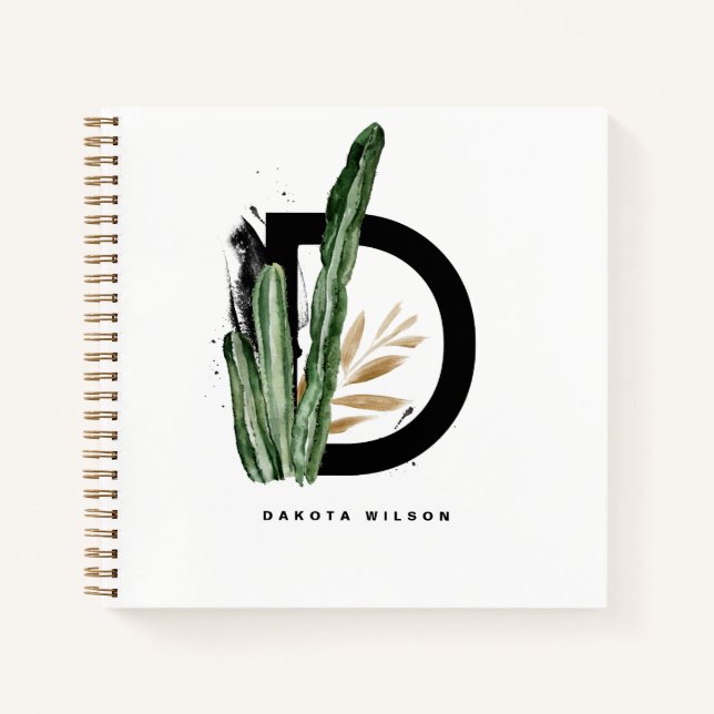 Boho Letter D Monogram | Tropical Cactus Custom Notebook (Front)